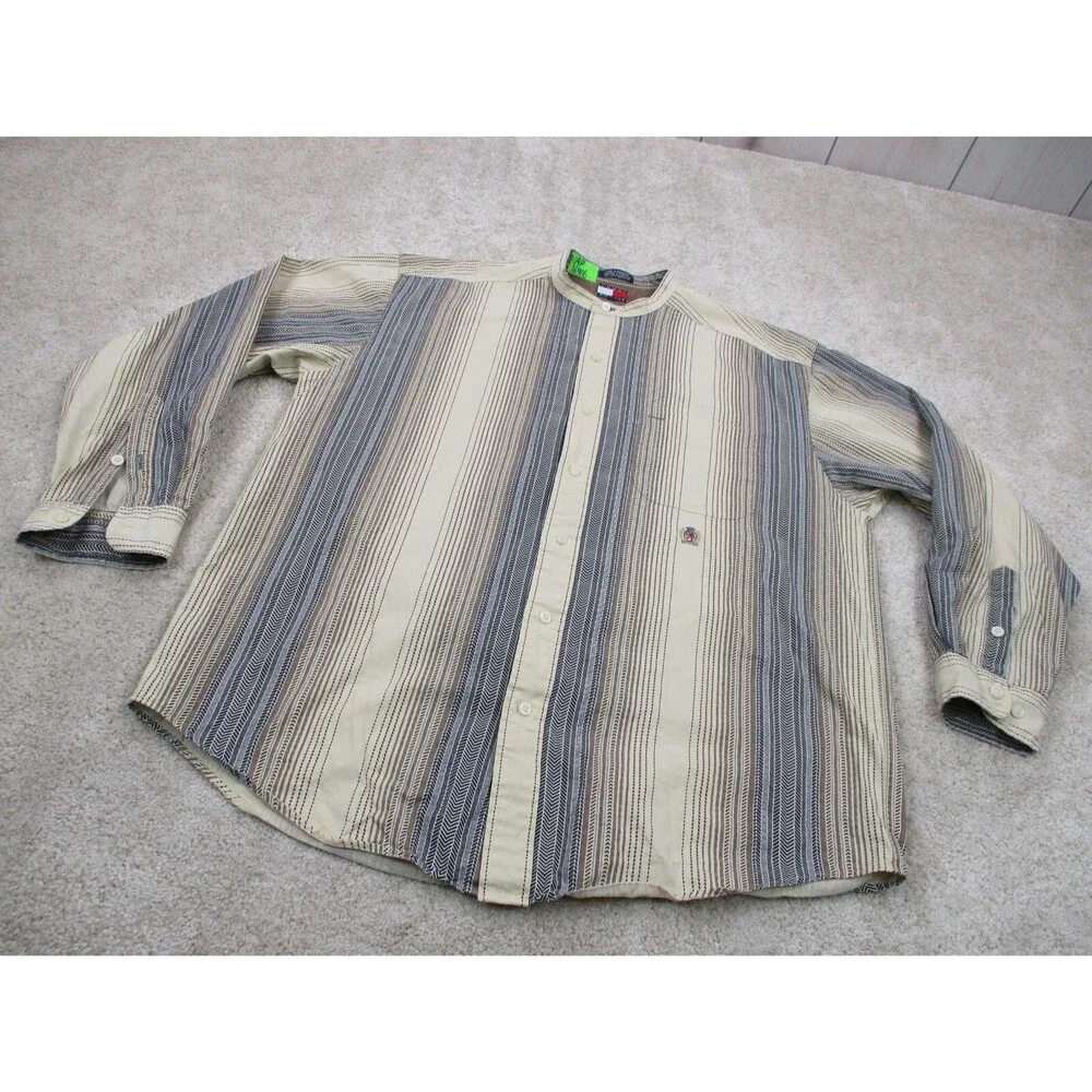 VINTAGE Tommy Hilfiger Shirt Men Medium Beige Herringbone Crest Button Up 90s - Picture 2 of 12